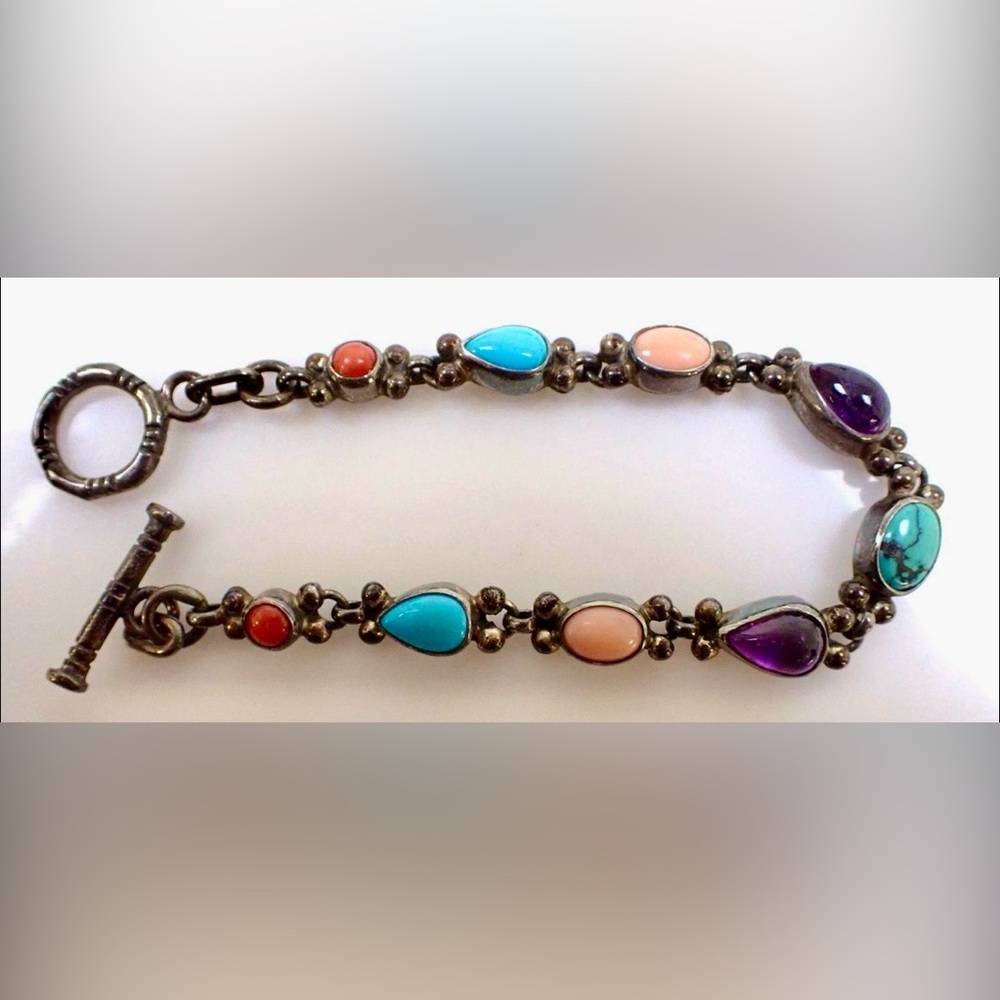 Sterling Silver SH Multi Stone Toggle Bracelet Turquoise Coral Amethyst Artisan - Picture 9 of 12